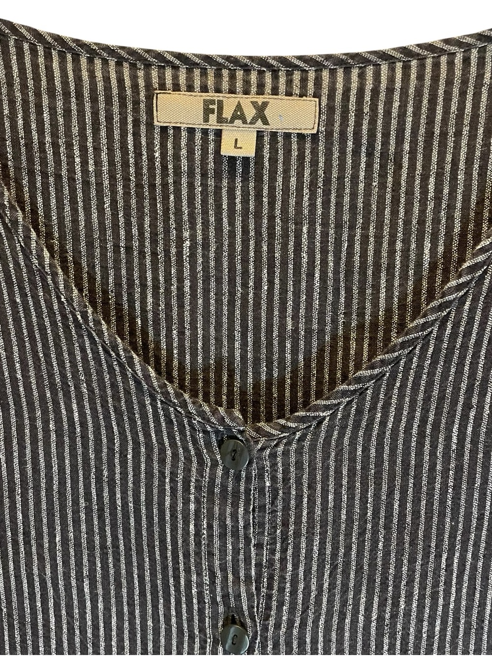 FLAX Linen Jacket Tunic Black Charcoal Pin Striped Button Front Size L Lagenlook - Picture 2 of 9